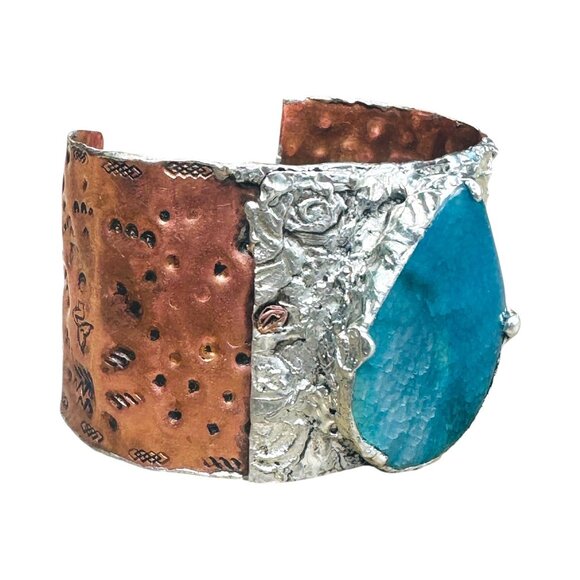 Rustic Copper & Silver Hammered Cuff Bracelet W/ Blue Agate Teardrop Gemstone - Picture 5 of 16
